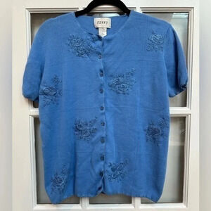 Vintage Jenny Floral Embroidery Beaded Blue Button Down Cardigan Sweater Size XL